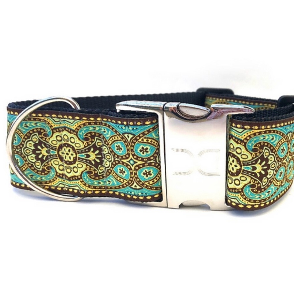 Beautiful Handmade Metal Clasp Dog Collar 2” wide Sz Lg Turkish Teal Kasmir